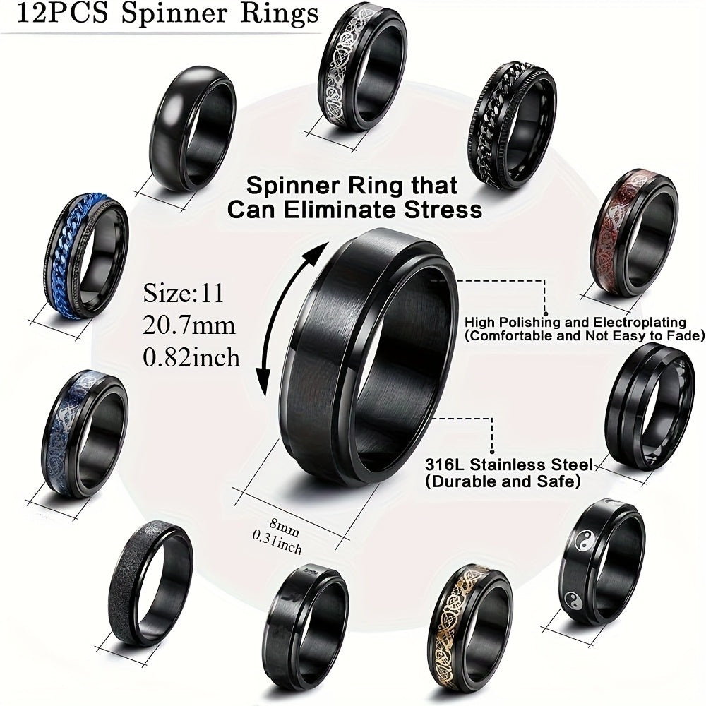 [Fidget Spinner Rings] 12pcs 316L Stainless Steel Spinner Rings | Fidget Anxiety Ring for Men, Dragon Pattern, Beveled Edges, Celtic Black Rings, Stress Relieving Wedding Promise Band Ring Set