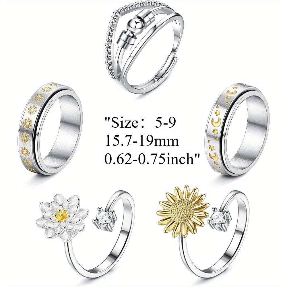 6pcs 316L Stainless Steel Spinner Rings Fidget Rings for Anxiety Men Anti Anxiety Ring with Beads Sunflower Moon Star Stress Relieving Rings Set, for Teenager
