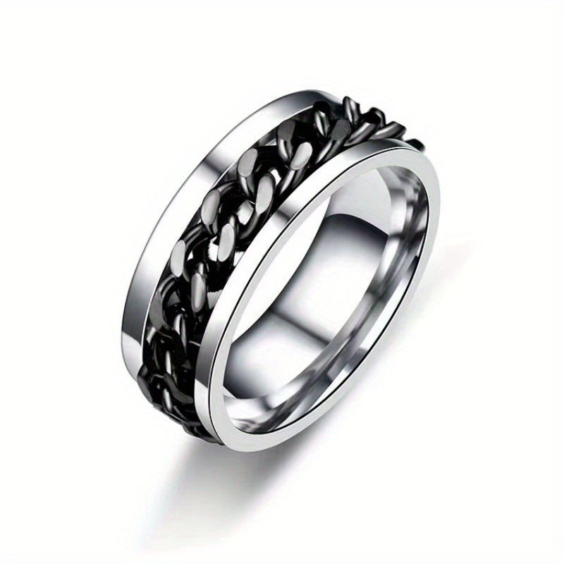 Hip Hop Style Band Ring Made Of Stainless Steel Rotatable Chain Design In The Middle Suitable For Men And Women Anxiety/ Fidget Ring