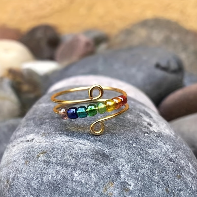 Adjustable Open Ring with Colorful Rotatable Beads – Cute and Simple Women’s Jewelry for Summer, Casual Attire, or Vacation Accessories