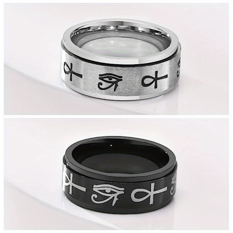 Elegant Titanium Steel Ankh Cross & Eye of Horus Rotating Ring - Stress Relief Single Ring for Men, Black & White Design, Synthetic Stone, Perfect for Daily Wear & Gifting on Valentine'S Day, St. Patrick'S Day, Easter, Vacation Occasion, Without Battery