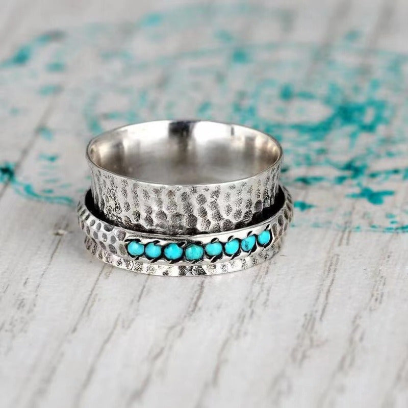 A European Retro Stress Relief Rotating Ring European And American Vintage Minimalist Creative Turquoise Ring Rotatable Anxiety Men's And Women's Fashion Rings Are Perfect For Anniversaries And Birthday Gifts For Parties And Evening Parties