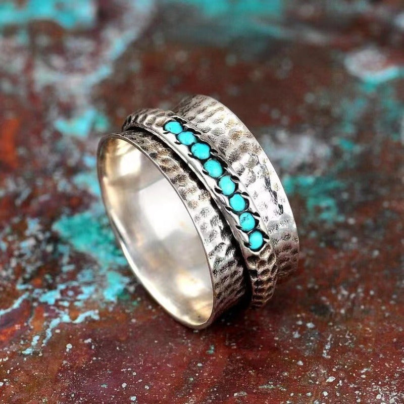 A European Retro Stress Relief Rotating Ring European And American Vintage Minimalist Creative Turquoise Ring Rotatable Anxiety Men's And Women's Fashion Rings Are Perfect For Anniversaries And Birthday Gifts For Parties And Evening Parties