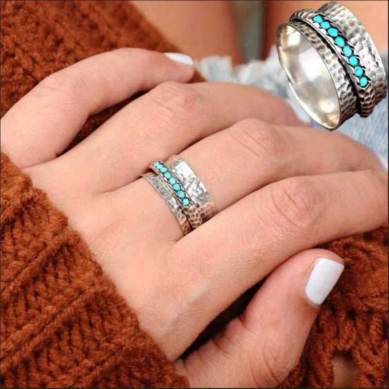 A European Retro Stress Relief Rotating Ring European And American Vintage Minimalist Creative Turquoise Ring Rotatable Anxiety Men's And Women's Fashion Rings Are Perfect For Anniversaries And Birthday Gifts For Parties And Evening Parties