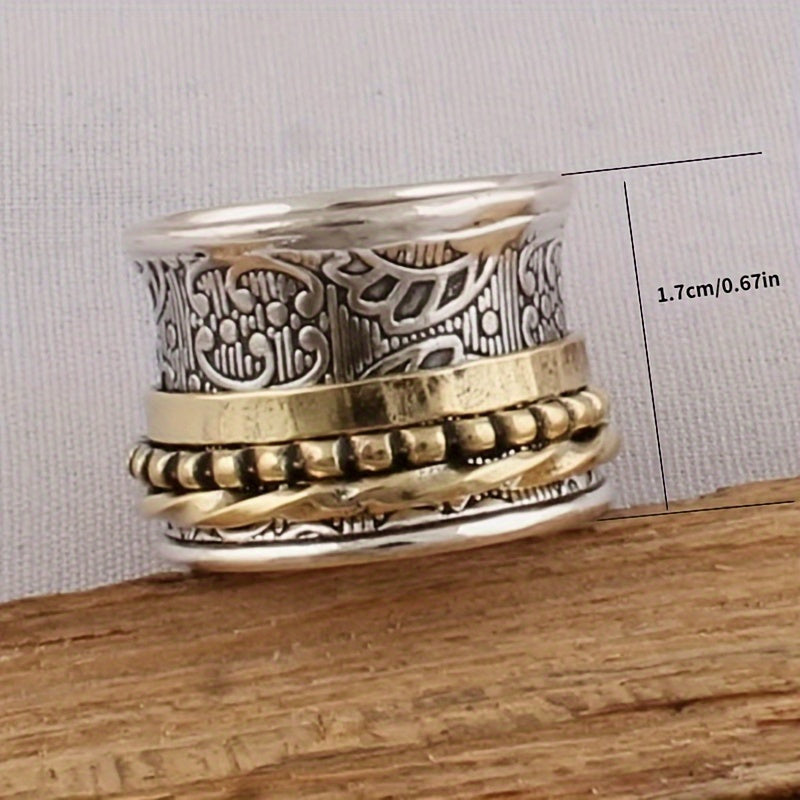 A Vintage Zinc Alloy Golden Lady's Ring With A European Wide Face, A Cool Ring As A Valentine's Day Gift, A Rotating Decompression Ring.