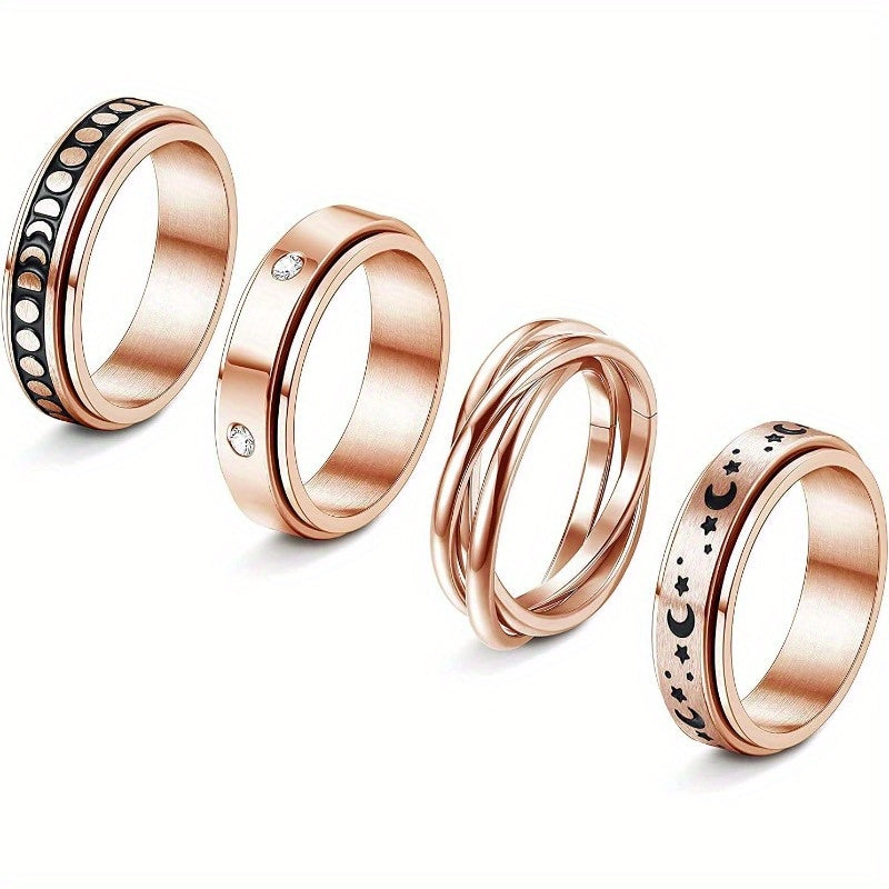 4pcs Stainless Steel Spinner Rings Set - Triple Interlocked Celtic Moon Star Design, Urban Royal Style, 83.48gal Fidget Band for Women and Men, Rose Golden, Ideal for Halloween, Parties, Gifts - All Season Wear