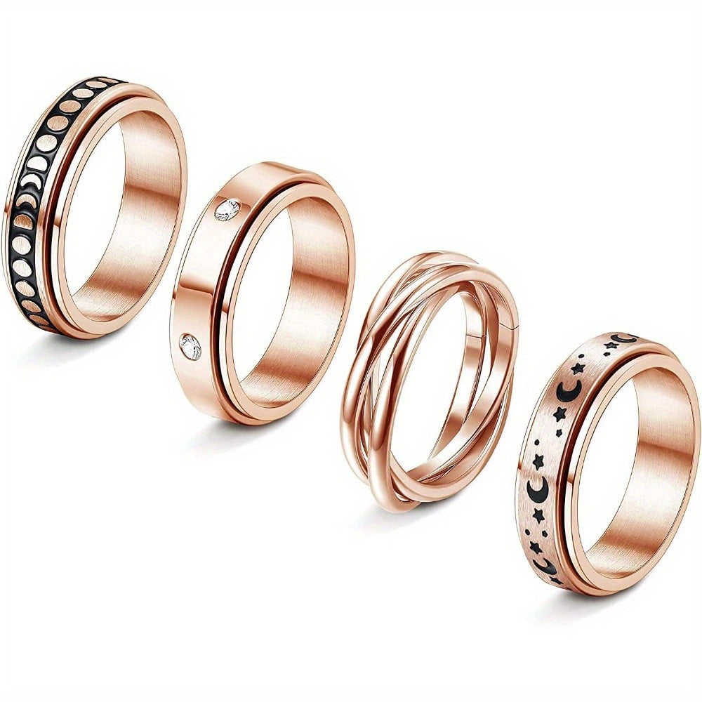 4pcs Stainless Steel Spinner Rings Set - Triple Interlocked Celtic Moon Star Design, Urban Royal Style, 83.48gal Fidget Band for Women and Men, Rose Golden, Ideal for Halloween, Parties, Gifts - All Season Wear