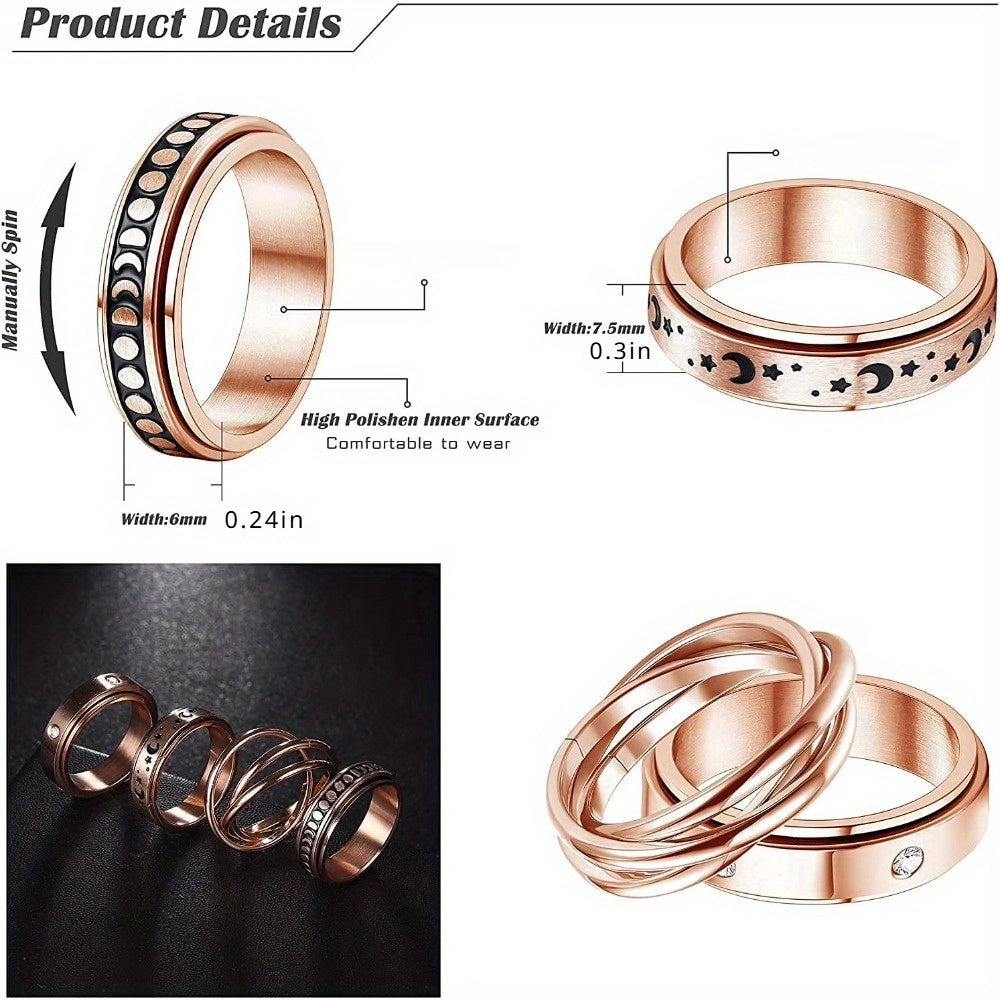 4pcs Stainless Steel Spinner Rings Set - Triple Interlocked Celtic Moon Star Design, Urban Royal Style, 83.48gal Fidget Band for Women and Men, Rose Golden, Ideal for Halloween, Parties, Gifts - All Season Wear