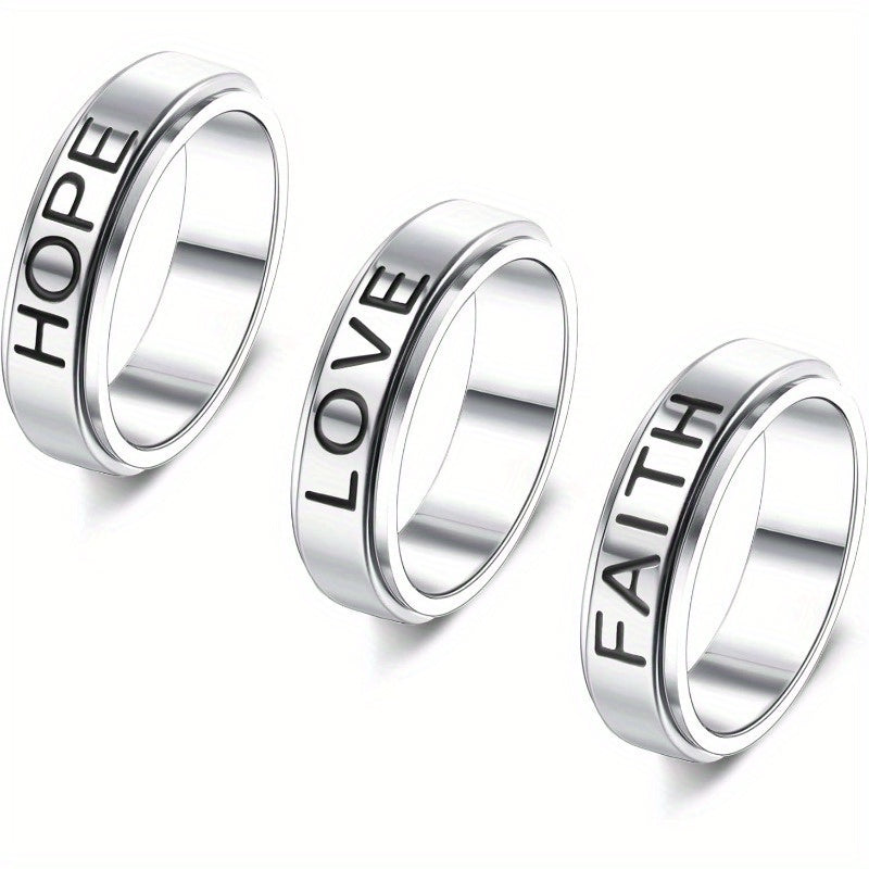 [Cool Fidget Spinner Rings] 3pcs Stainless Steel Fidget Spinner Rings Set | Cool Fidget Band for Women & Men, 6MM Wide Love Faith Hope Inspirational Wedding Promise Band Ring Set