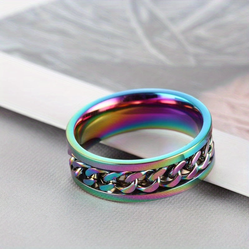 Hip Hop Style Band Ring Made Of Stainless Steel Rotatable Chain Design In The Middle Suitable For Men And Women Anxiety/ Fidget Ring
