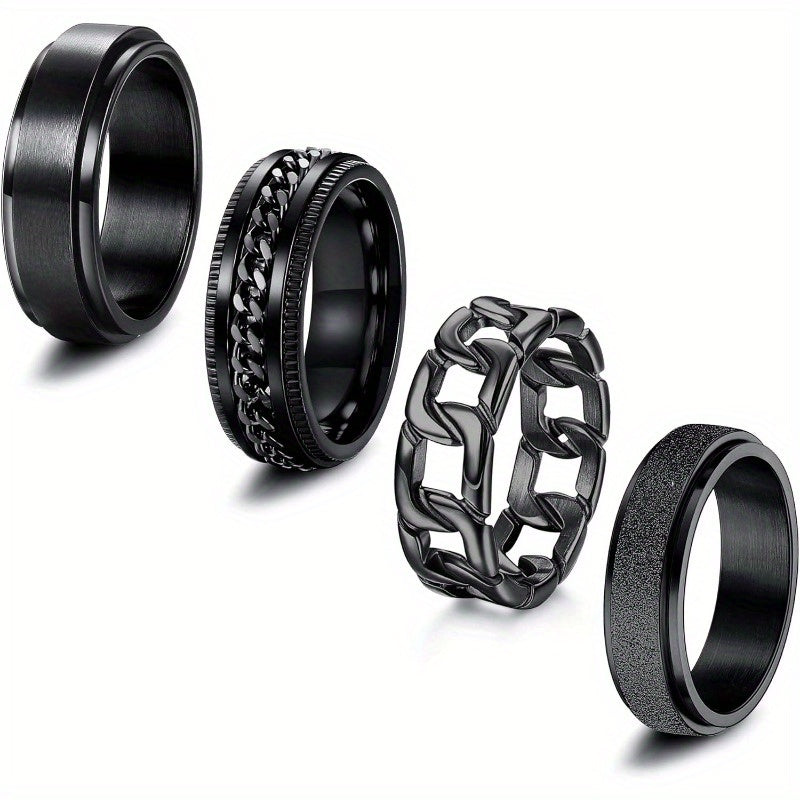 4pcs 316L Stainless Steel Anxiety Ring for Women Men Black Spinner Rings Fidget Ring Set 6-8mm Wide Stress Relieving Fashion Wedding Promise Band Rings