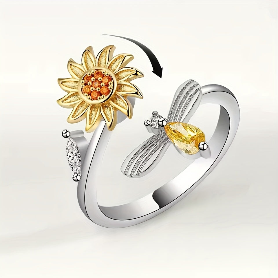1pc Pressure-Relieving Copper Micro-Inlaid Rotating Sunflower Bee Index Finger Ring Festival Gift, For Teenager