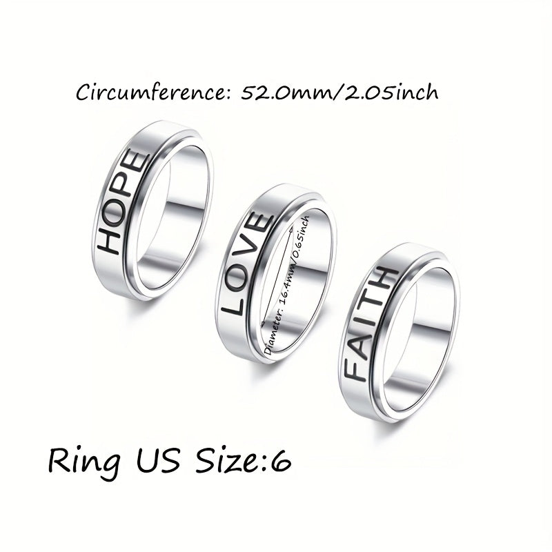 [Cool Fidget Spinner Rings] 3pcs Stainless Steel Fidget Spinner Rings Set | Cool Fidget Band for Women & Men, 6MM Wide Love Faith Hope Inspirational Wedding Promise Band Ring Set