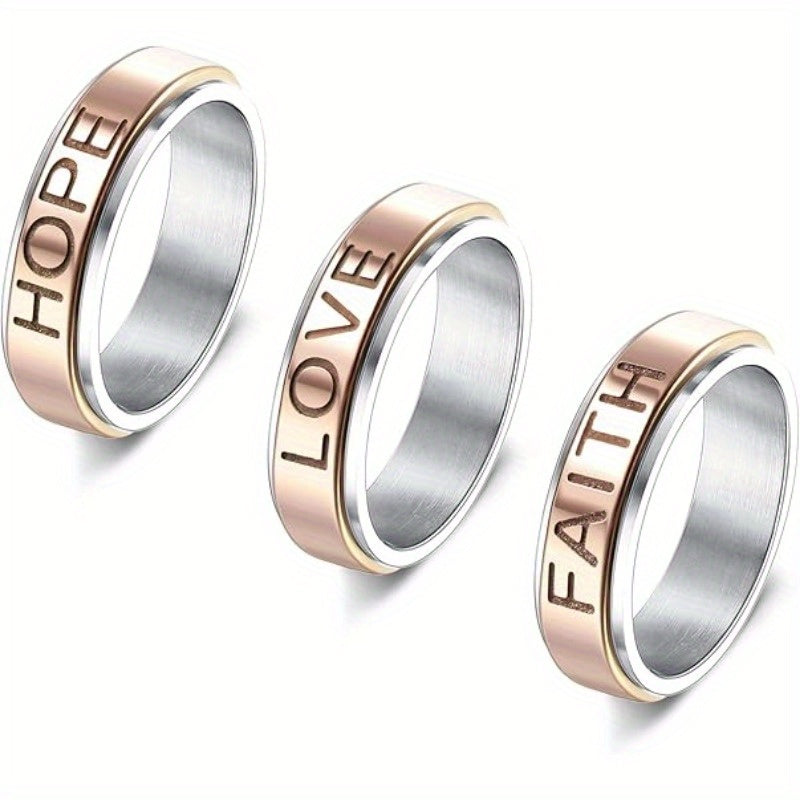 [Cool Fidget Spinner Rings] 3pcs Stainless Steel Fidget Spinner Rings Set | Cool Fidget Band for Women & Men, 6MM Wide Love Faith Hope Inspirational Wedding Promise Band Ring Set