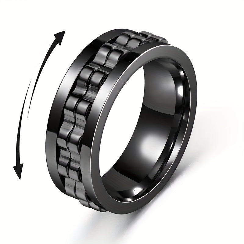 1pc Men's Stainless Steel Rotating Ring - Adjustable Rotating Band, Sleek Black Finish, Durable Modern Design for Wedding & Party Jewelry, Versatile Formal & Casual Accessory, Formal Event Accessory, Unique Texture Detail