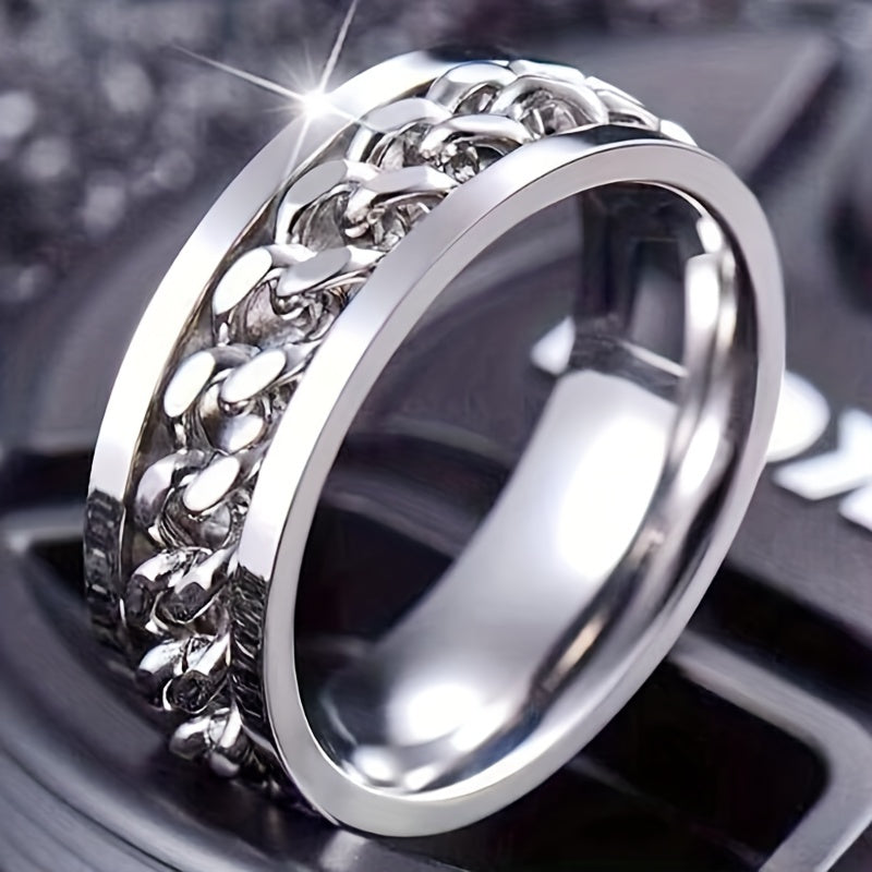 Hip Hop Style Band Ring Made Of Stainless Steel Rotatable Chain Design In The Middle Suitable For Men And Women Anxiety/ Fidget Ring