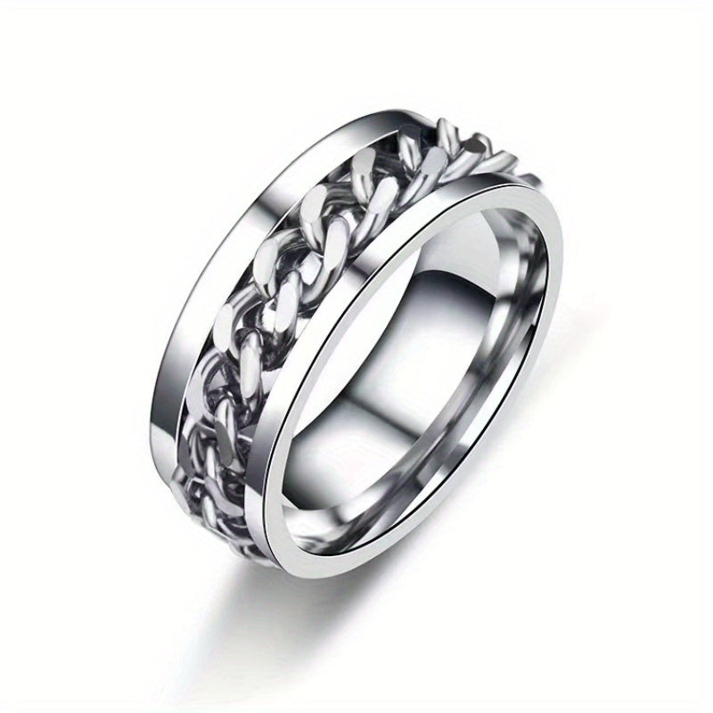 Hip Hop Style Band Ring Made Of Stainless Steel Rotatable Chain Design In The Middle Suitable For Men And Women Anxiety/ Fidget Ring