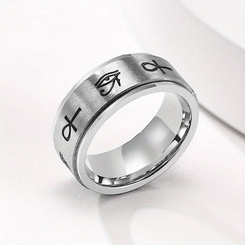 Elegant Titanium Steel Ankh Cross & Eye of Horus Rotating Ring - Stress Relief Single Ring for Men, Black & White Design, Synthetic Stone, Perfect for Daily Wear & Gifting on Valentine'S Day, St. Patrick'S Day, Easter, Vacation Occasion, Without Battery