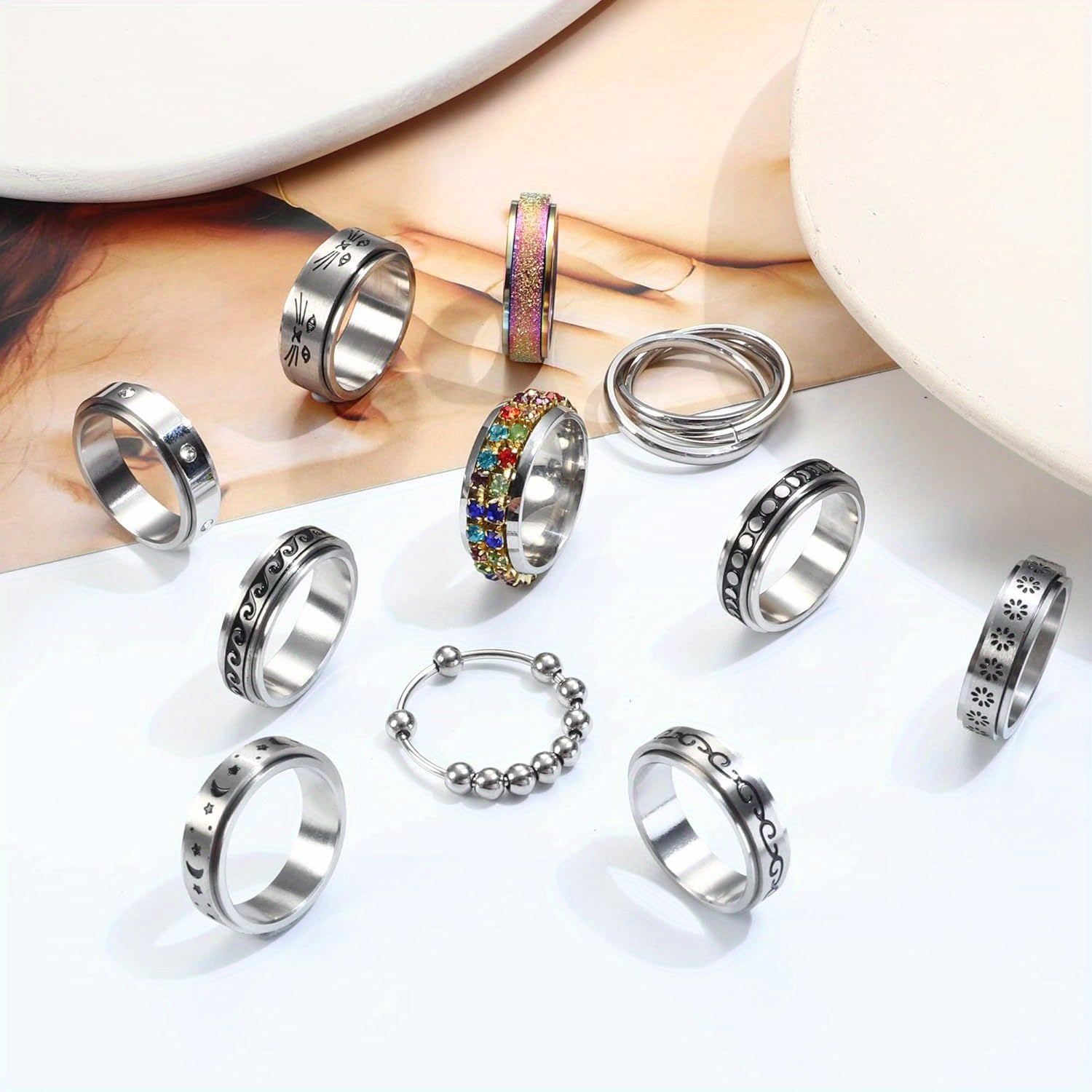 11pcs Fidget Ring for Muti-style 316L Stainless Steel Fidget Rings for Men for Anxiety Cool Spinner Rings for Anti Anxiety Rings for Stress Reliving Spinning Rings Set, for Teenager