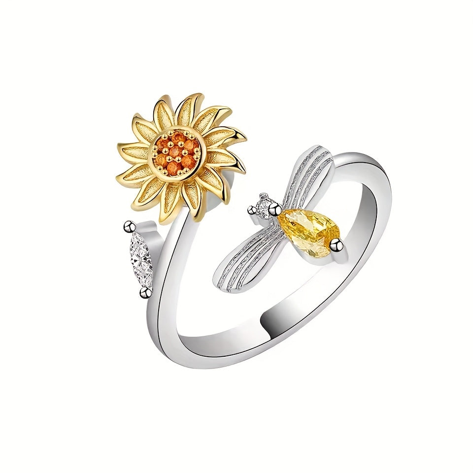 1pc Pressure-Relieving Copper Micro-Inlaid Rotating Sunflower Bee Index Finger Ring Festival Gift, For Teenager