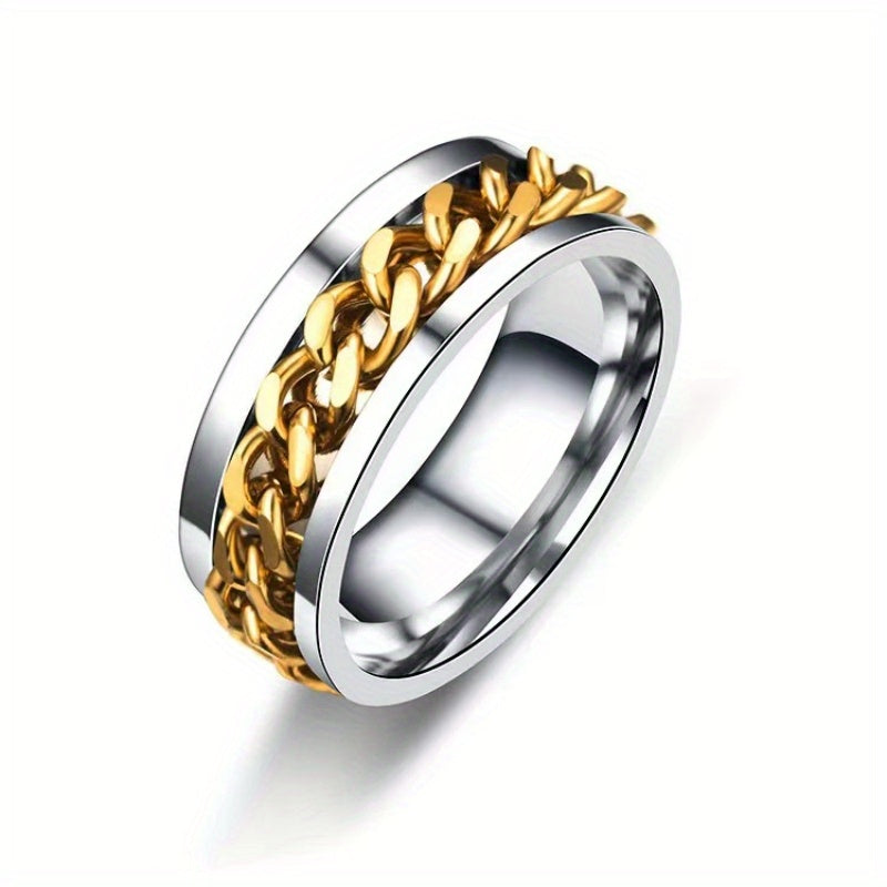 Hip Hop Style Band Ring Made Of Stainless Steel Rotatable Chain Design In The Middle Suitable For Men And Women Anxiety/ Fidget Ring