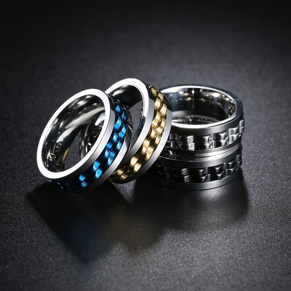 1pc Men's 304 Stainless Steel Rotating Fidget Ring - Punk Gear Chain Spinner Design, Anxiety Relief Jewelry for Daily Wear, Weddings, Parties & Festive Events (St. Patrick's Day, Easter, Carnival) - Durable Biker Rock Style Gift, Party Accessory, Bold