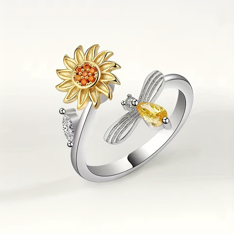 1pc Pressure-Relieving Copper Micro-Inlaid Rotating Sunflower Bee Index Finger Ring Festival Gift, For Teenager