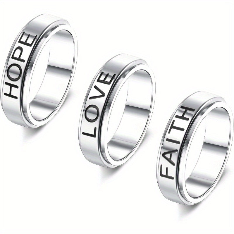 [Cool Fidget Spinner Rings] 3pcs Stainless Steel Fidget Spinner Rings Set | Cool Fidget Band for Women & Men, 6MM Wide Love Faith Hope Inspirational Wedding Promise Band Ring Set