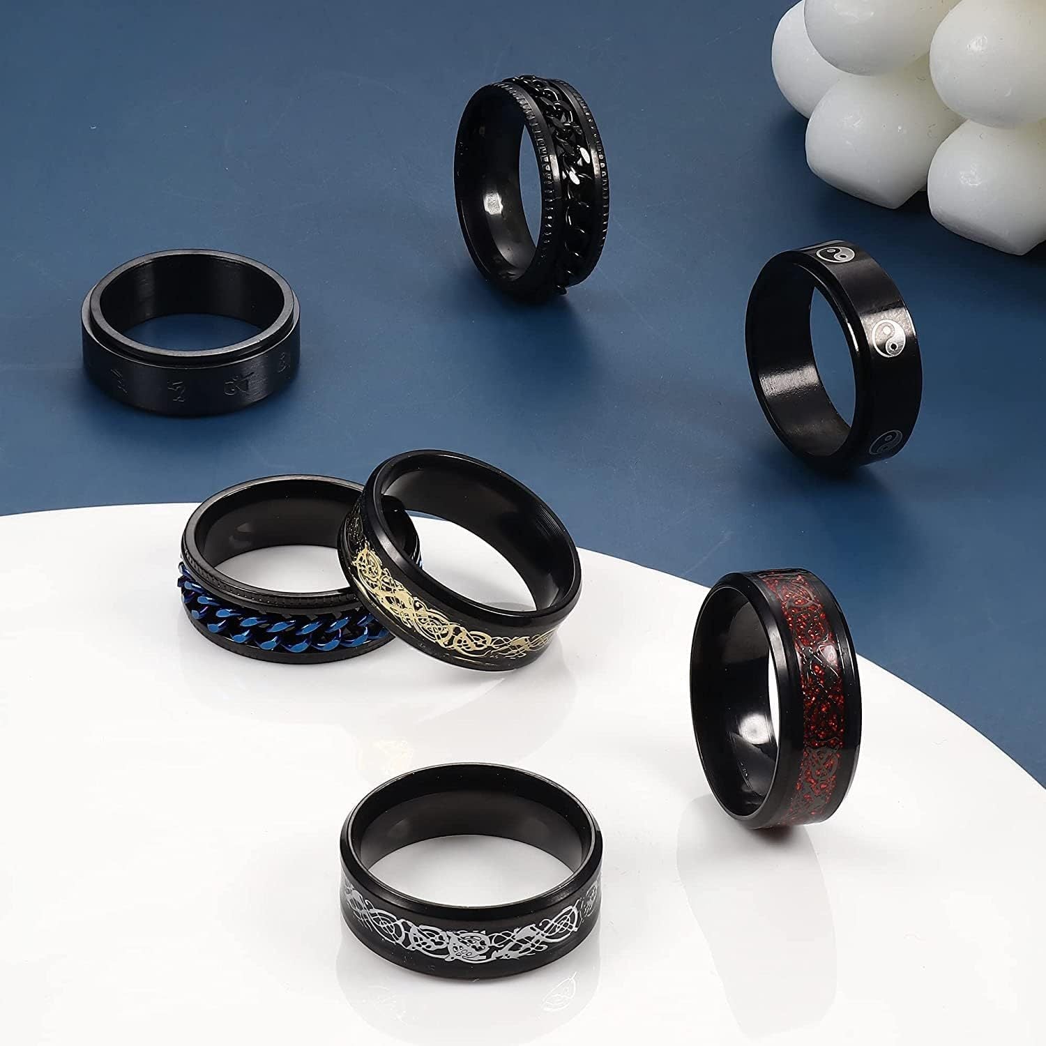 [Fidget Spinner Rings] 12pcs 316L Stainless Steel Spinner Rings | Fidget Anxiety Ring for Men, Dragon Pattern, Beveled Edges, Celtic Black Rings, Stress Relieving Wedding Promise Band Ring Set