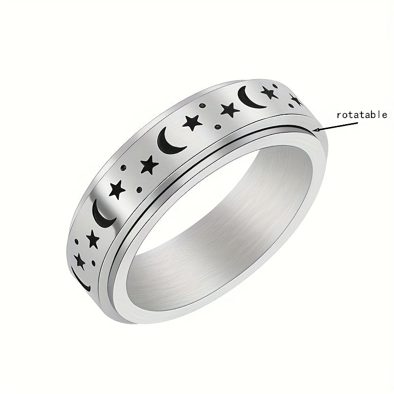 A 6mm Titanium 316L Stainless Steel Ring for Men, Stylish And Versatile with Rotatable Moon And Sun Ornament, 316L Stainless Steel Jewelry Accessory.