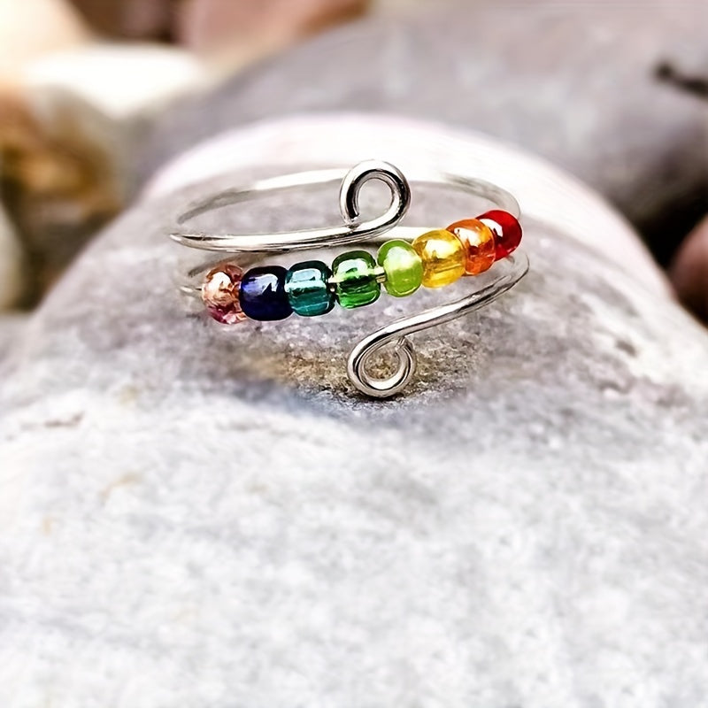 Adjustable Open Ring with Colorful Rotatable Beads – Cute and Simple Women’s Jewelry for Summer, Casual Attire, or Vacation Accessories