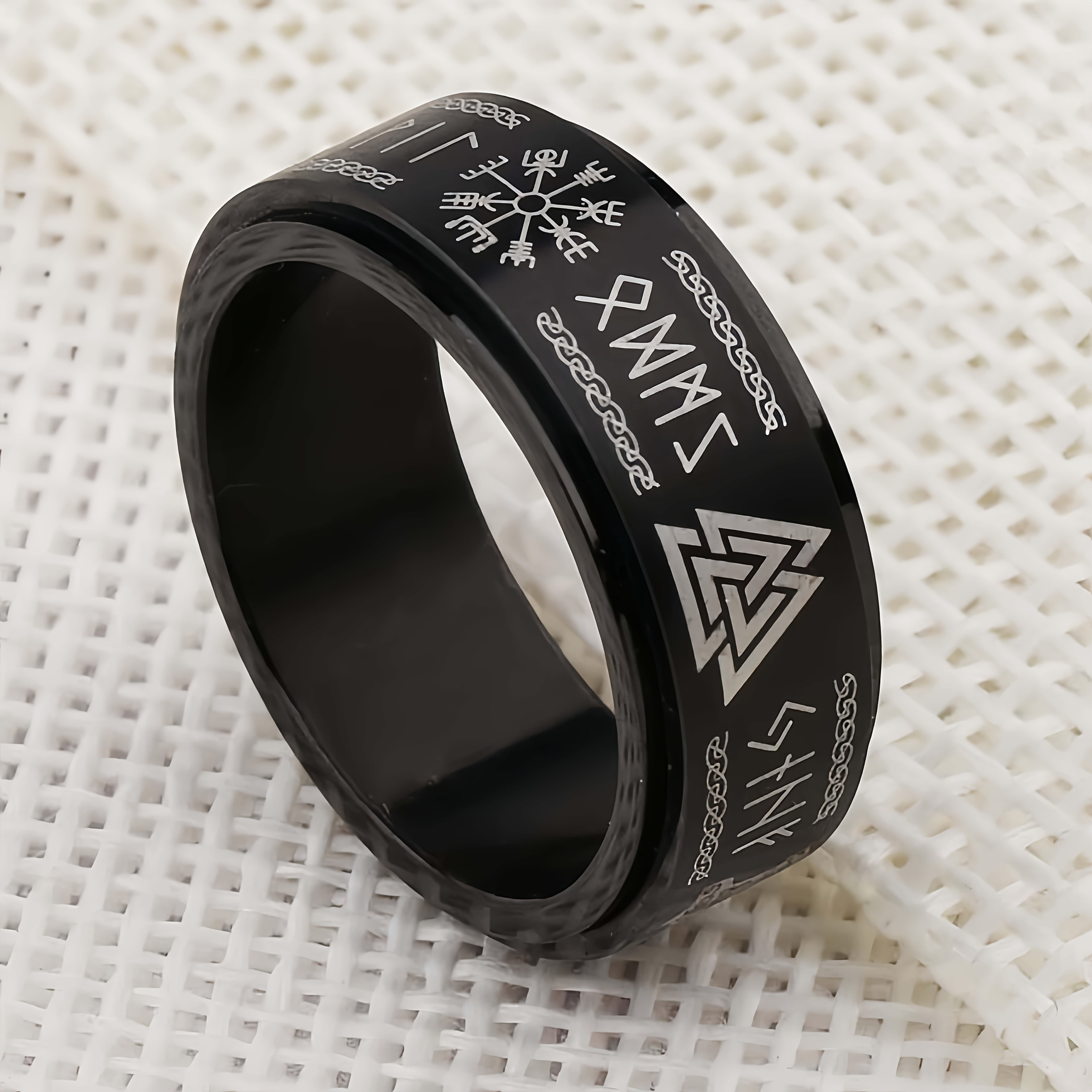 Retro Viking Nordic Style Stainless Steel Ring - Black Rotating Anxiety Ring with Intricate Knotwork & Snowflake Design, Unisex Jewelry for Men & Women, Anniversary Valentine's Father's Day Gifts
