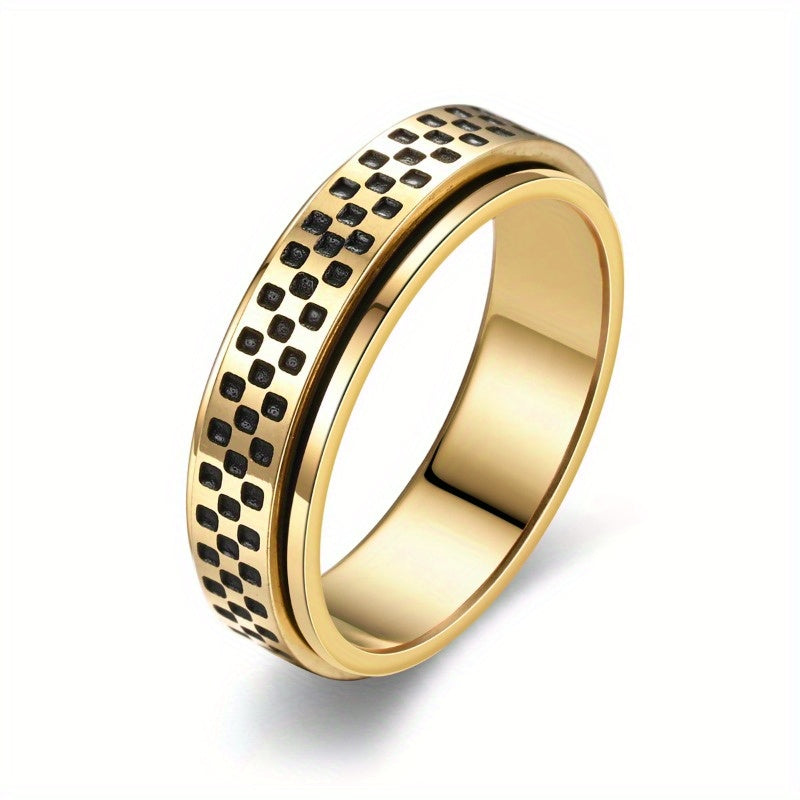 A Stylish New Men'S Ring with a Unique European And American Design, Featuring a Corrosion-Resistant, Oil-Coated, Rotatable Small Checkered Mosaic Pattern. It'S a Versatile Accessory That Is Durable And Suitable for Everyday Wear Or As a Gift.