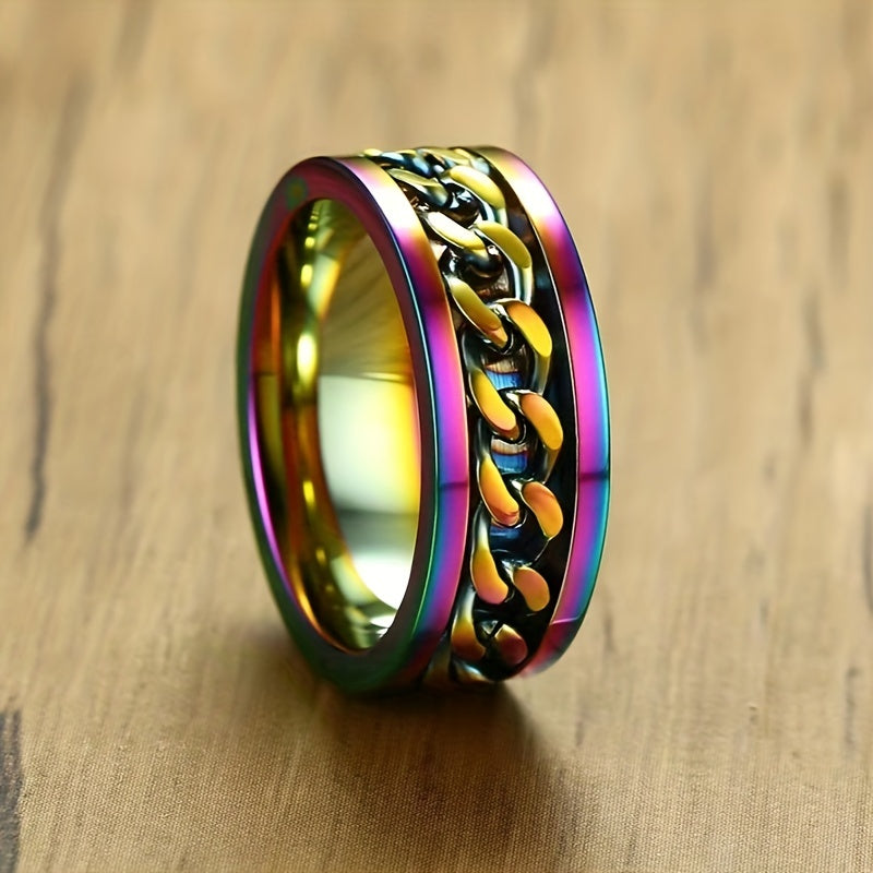Hip Hop Style Band Ring Made Of Stainless Steel Rotatable Chain Design In The Middle Suitable For Men And Women Anxiety/ Fidget Ring