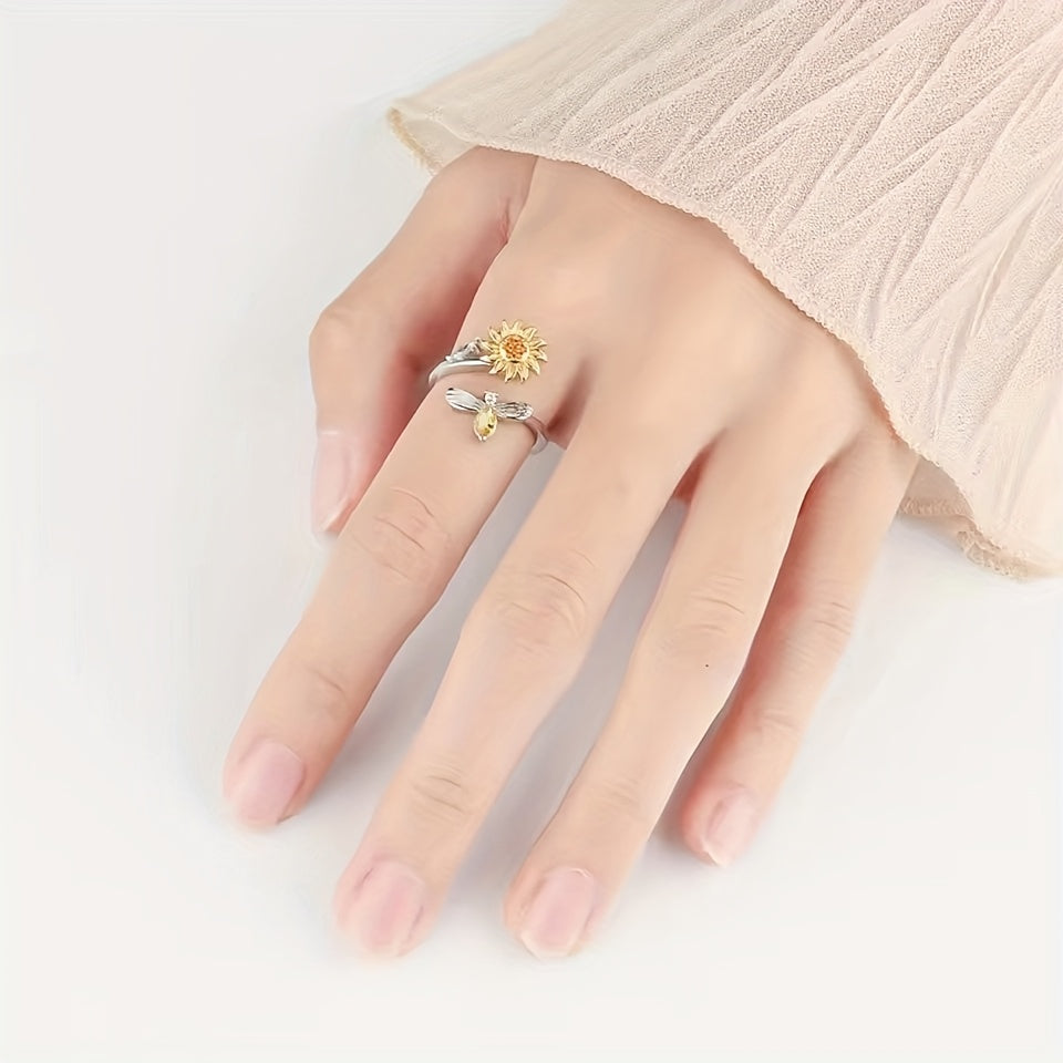 1pc Pressure-Relieving Copper Micro-Inlaid Rotating Sunflower Bee Index Finger Ring Festival Gift, For Teenager