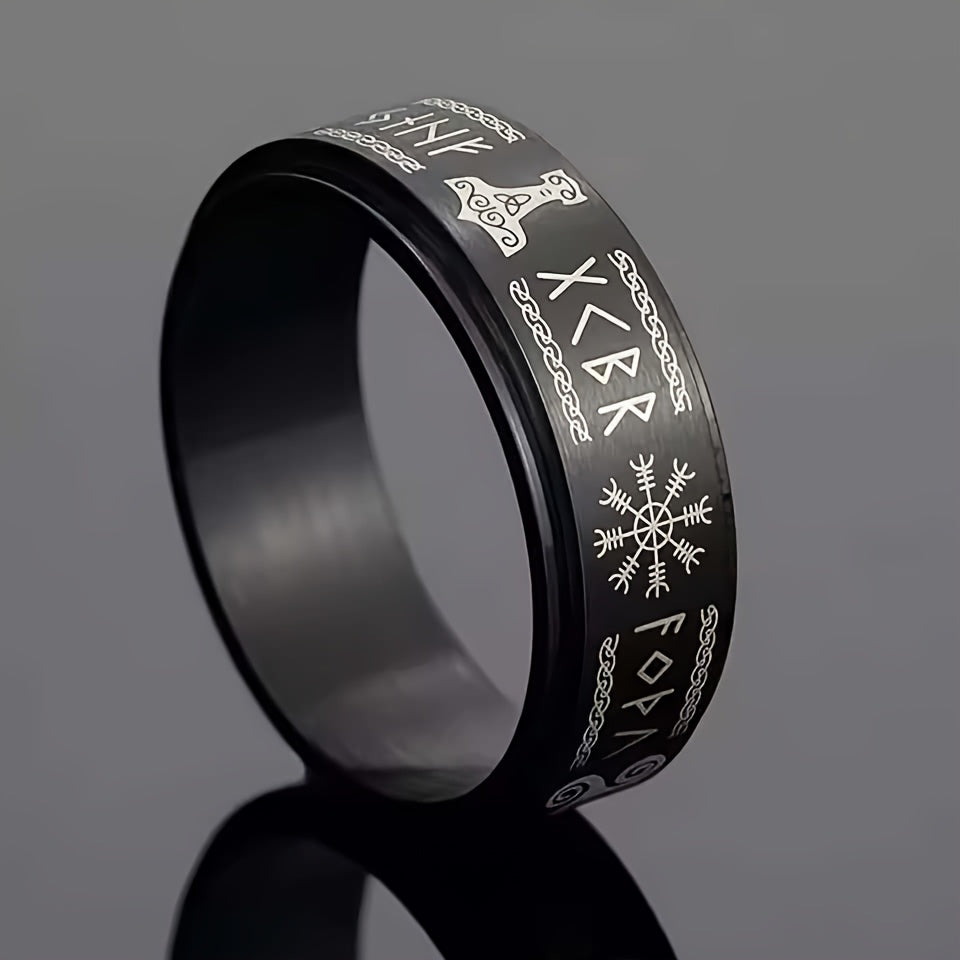 Retro Viking Nordic Style Stainless Steel Ring - Black Rotating Anxiety Ring with Intricate Knotwork & Snowflake Design, Unisex Jewelry for Men & Women, Anniversary Valentine's Father's Day Gifts