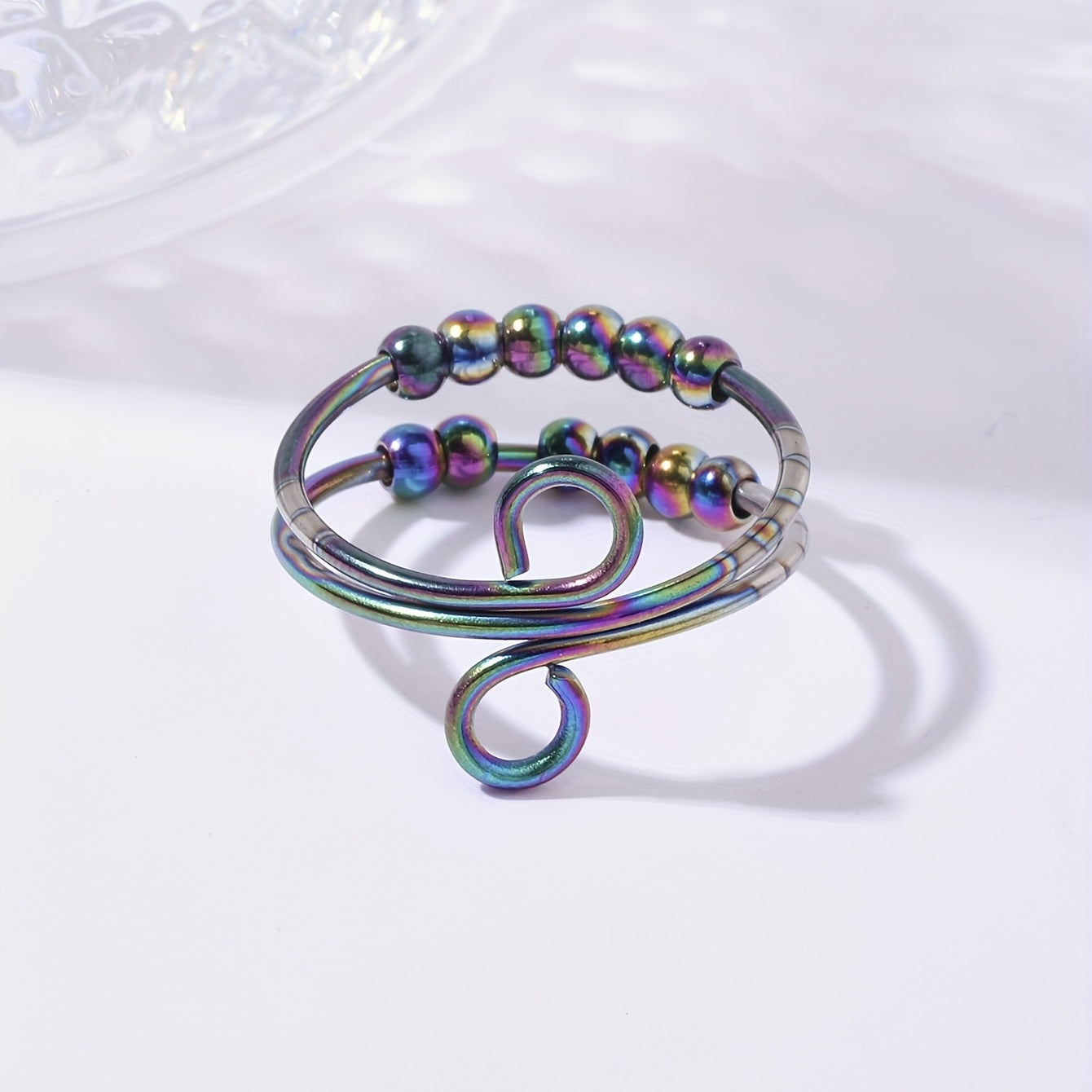 [Anxiety Relief Ring] 1pc Adjustable Stainless Steel Infinity Anxiety Relief Ring | Creative Open Design with Colorful Beads, Fidget Spinner Ring Gift for Women and Girls
