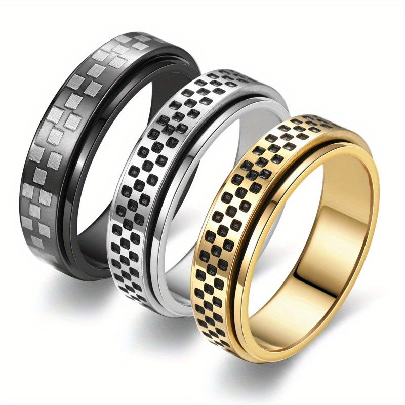 A Stylish New Men'S Ring with a Unique European And American Design, Featuring a Corrosion-Resistant, Oil-Coated, Rotatable Small Checkered Mosaic Pattern. It'S a Versatile Accessory That Is Durable And Suitable for Everyday Wear Or As a Gift.