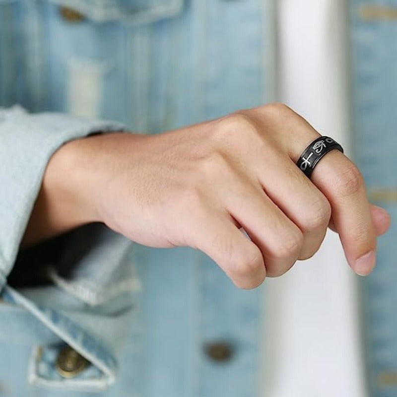 Elegant Titanium Steel Ankh Cross & Eye of Horus Rotating Ring - Stress Relief Single Ring for Men, Black & White Design, Synthetic Stone, Perfect for Daily Wear & Gifting on Valentine'S Day, St. Patrick'S Day, Easter, Vacation Occasion, Without Battery