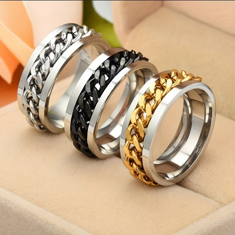 Hip Hop Style Band Ring Made Of Stainless Steel Rotatable Chain Design In The Middle Suitable For Men And Women Anxiety/ Fidget Ring