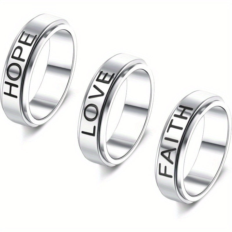 [Cool Fidget Spinner Rings] 3pcs Stainless Steel Fidget Spinner Rings Set | Cool Fidget Band for Women & Men, 6MM Wide Love Faith Hope Inspirational Wedding Promise Band Ring Set