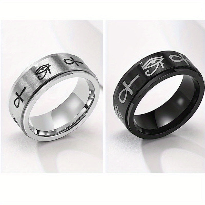 Elegant Titanium Steel Ankh Cross & Eye of Horus Rotating Ring - Stress Relief Single Ring for Men, Black & White Design, Synthetic Stone, Perfect for Daily Wear & Gifting on Valentine'S Day, St. Patrick'S Day, Easter, Vacation Occasion, Without Battery