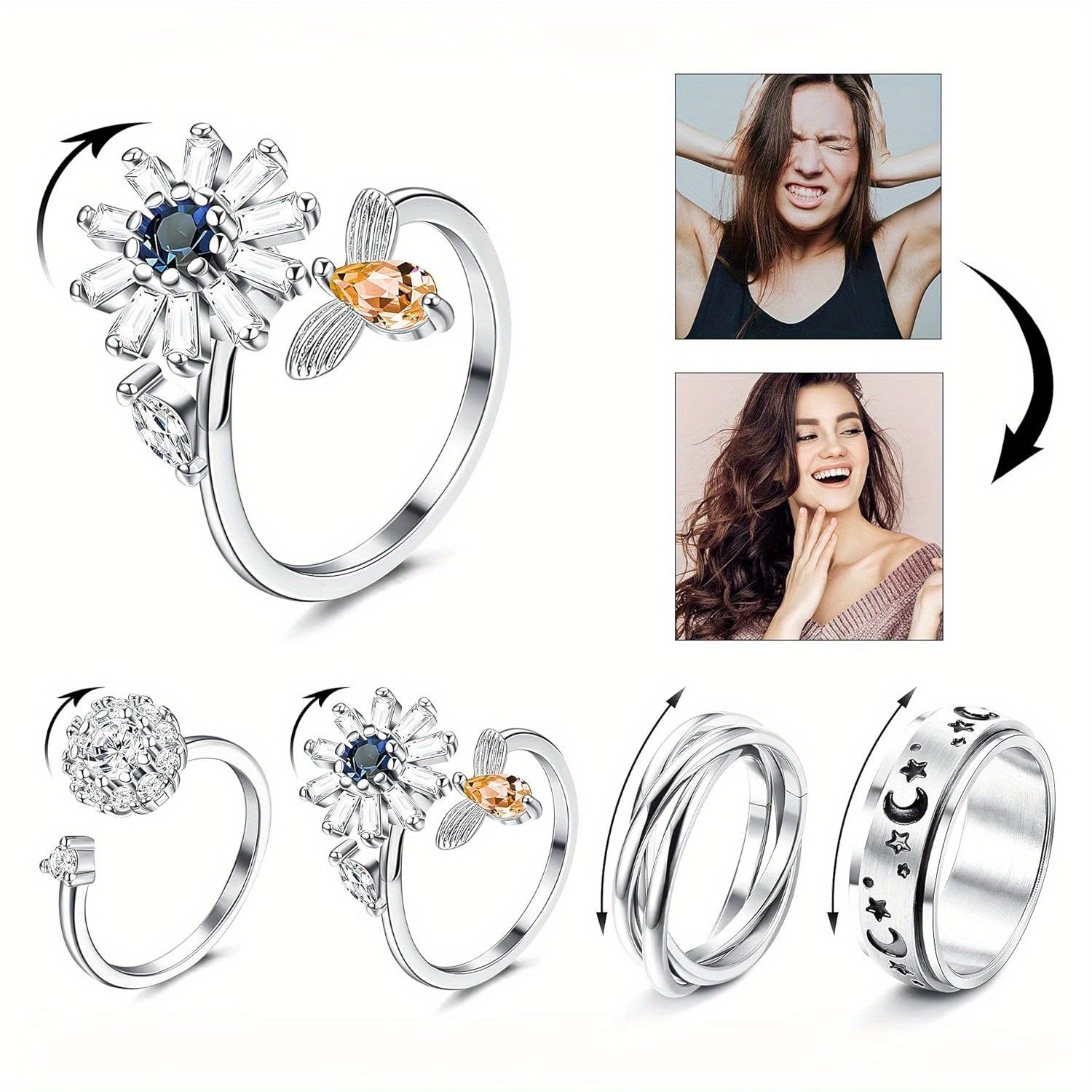 [Stainless Steel] Fidget Spinner Rings | Four | 316L Stainless Steel | Suitable For Both Women And Men | Ideal For Wedding Or Promise Purposes