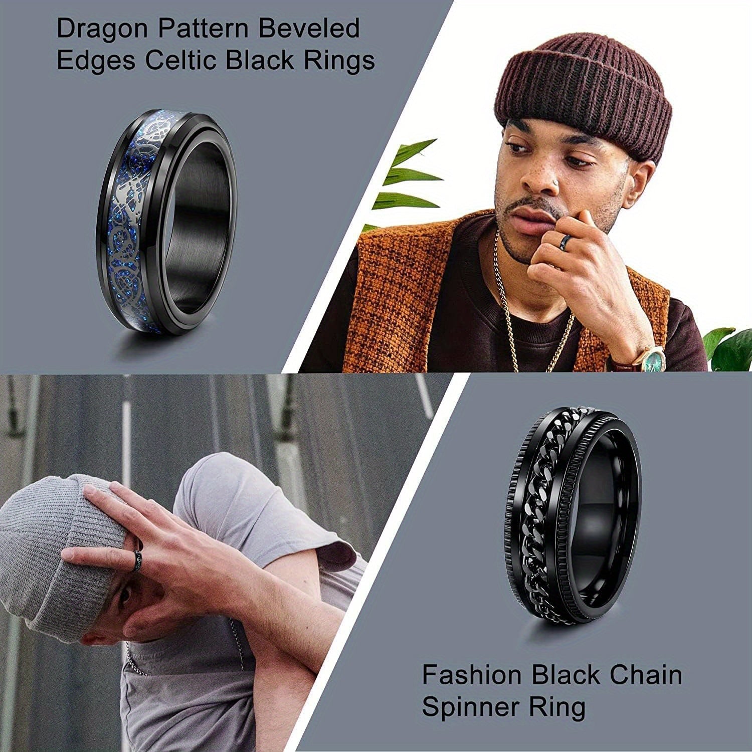 [Fidget Spinner Rings] 12pcs 316L Stainless Steel Spinner Rings | Fidget Anxiety Ring for Men, Dragon Pattern, Beveled Edges, Celtic Black Rings, Stress Relieving Wedding Promise Band Ring Set