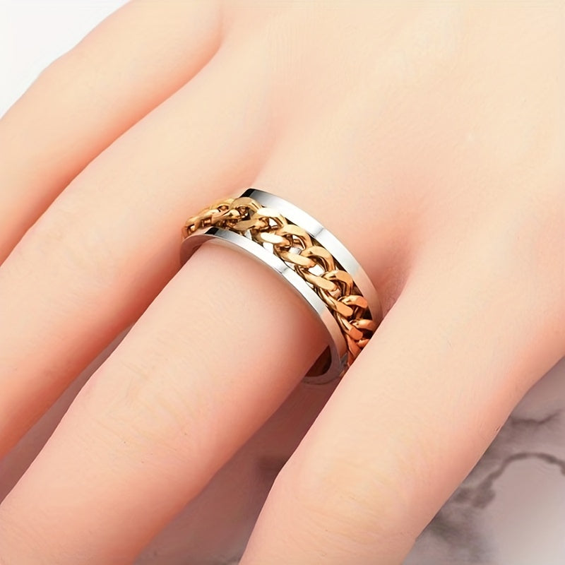 Hip Hop Style Band Ring Made Of Stainless Steel Rotatable Chain Design In The Middle Suitable For Men And Women Anxiety/ Fidget Ring