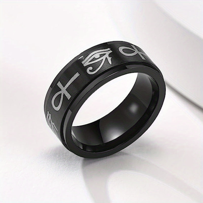Elegant Titanium Steel Ankh Cross & Eye of Horus Rotating Ring - Stress Relief Single Ring for Men, Black & White Design, Synthetic Stone, Perfect for Daily Wear & Gifting on Valentine'S Day, St. Patrick'S Day, Easter, Vacation Occasion, Without Battery