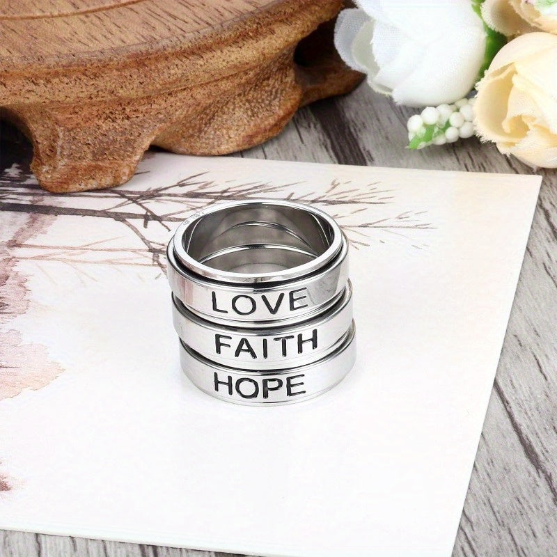 [Cool Fidget Spinner Rings] 3pcs Stainless Steel Fidget Spinner Rings Set | Cool Fidget Band for Women & Men, 6MM Wide Love Faith Hope Inspirational Wedding Promise Band Ring Set