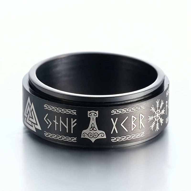 Retro Viking Nordic Style Stainless Steel Ring - Black Rotating Anxiety Ring with Intricate Knotwork & Snowflake Design, Unisex Jewelry for Men & Women, Anniversary Valentine's Father's Day Gifts