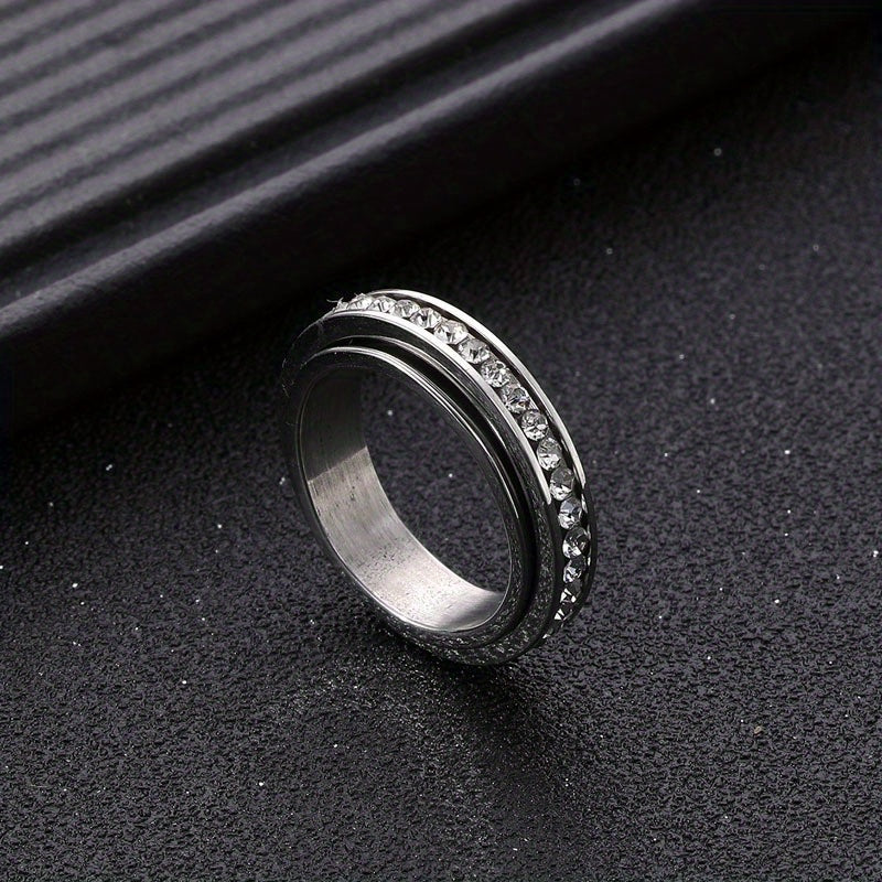 1pc Men's Sporty 6mm Double-Layer Rotating Relax Ring with Stones - Durable 316L Stainless Steel Jewelry for Casual Attire, Gym & Gifts, Fashion Accessory, Unique Design, Sparkling Embellishments