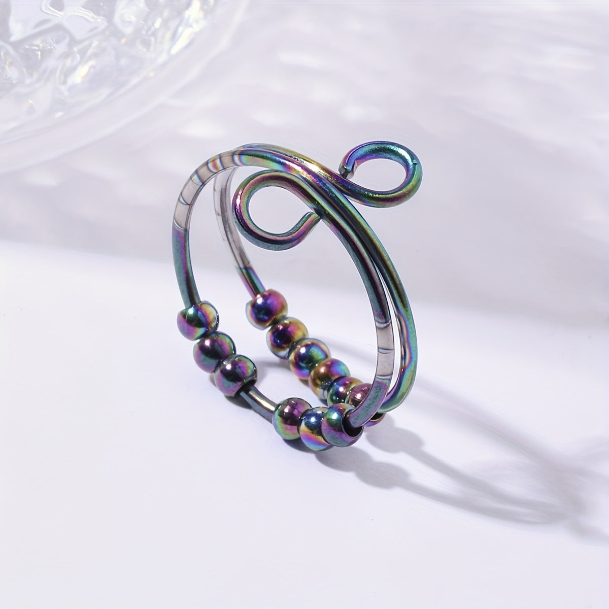 [Anxiety Relief Ring] 1pc Adjustable Stainless Steel Infinity Anxiety Relief Ring | Creative Open Design with Colorful Beads, Fidget Spinner Ring Gift for Women and Girls